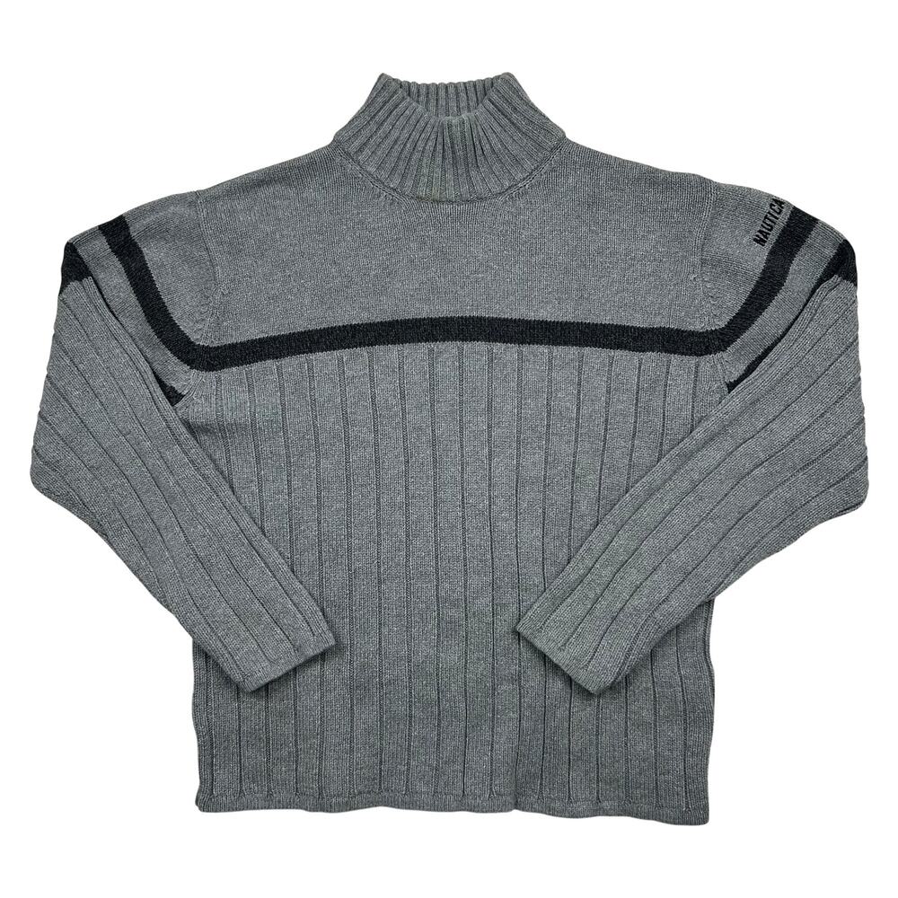 Vintage Nautica Jeans Co Sweater Mens Large Gray Mock Neck Sleeve Logo Knit L